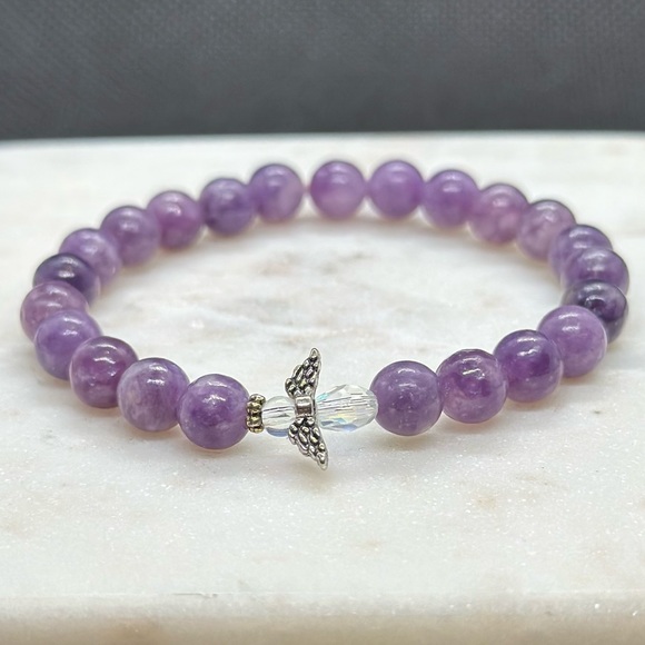 Lepidolite Natural Gemstone Bracelet - Angel Charm Bracelet - Picture 3 of 4